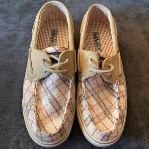 Sperry Top-Sider in tan plaid with sequins